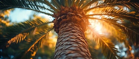 Wall Mural - Palm tree trunk, sunset glow, tropical foliage background. Vacation travel