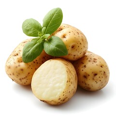 Wall Mural - Potatoes close together on a white background, one cut in half to show them off to their best advantage