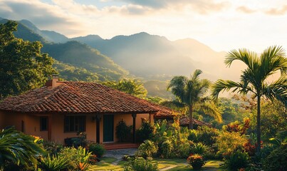 Wall Mural - Mountain house sunset tropical garden