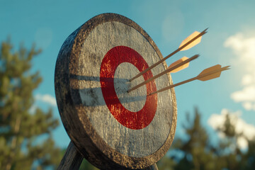 Three arrows striking center of wooden target, showcasing precision and focus in archery. vibrant colors and natural background enhance scene appeal