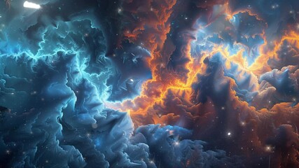Wall Mural - blue and orange glow fractal clouds futuristic seamless looping overlay 4k virtual video animation b