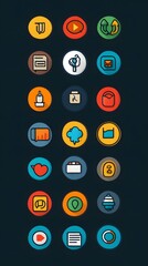 Colorful app icons set on dark background.