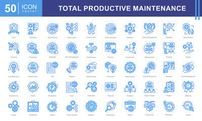 Wall Mural - Total productive maintenance icon collection set. Containing equipment, break, reliability, time, inspection, efficiency, preventive icon.