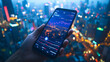 © CreativeIMGIdeas - Mobile Stock Trading:  A hand holds a smartphone displaying a stock market chart against the mesmerizing backdrop of a bustling city skyline, illuminated by the vibrant glow of countless lights.