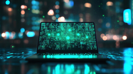 laptop displaying digital screen with green dots and binary code, set against blurred cityscape background, evokes sense of technology and innovation