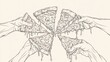 © Sinechana - 99.A continuous line drawing vector that captures multiple hands eagerly reaching for pizza slices from a central point, representing shared happiness and celebration. The design uses a single,