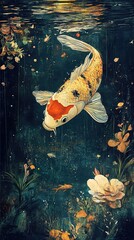 Wall Mural - Koi Fish in Serene Underwater Garden: An Artistic Masterpiece