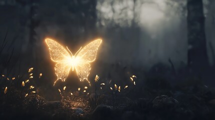 Sticker - A butterfly is glowing in the dark woods