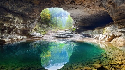 Poster - Crystal-Clear Cave Pool: Nature's Serene Reflection