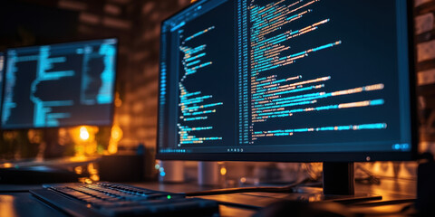 Coding screen with programming code displayed, showcasing modern workspace. ambient lighting creates focused atmosphere for software development and technology work