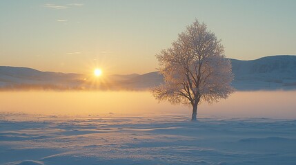 Wall Mural - Solitary frost-covered tree in snowy field at sunrise.