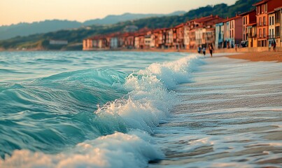 Wall Mural - Coastal sunset, waves on sandy beach, village background, travel postcard