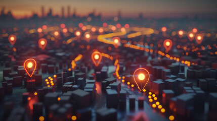 Poster - Aerial cityscape at sunset with glowing location markers representing navigation and connectivity