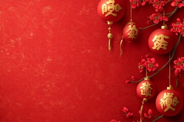 Beautiful red lanterns with gold inscriptions and blossoms for festive celebrations.