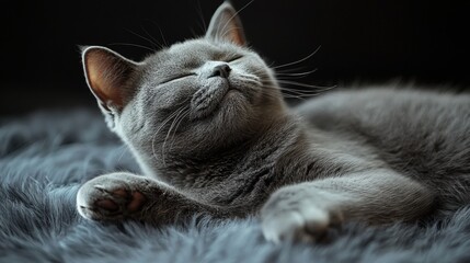 Gray Cat Relaxing on Soft Fur Blanket with Calm Expression