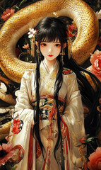 Wall Mural - A young woman wearing traditional clothing with a background snake