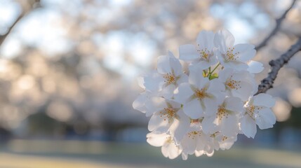 Wall Mural - Cherry blossoms bloom vibrantly, surrounded by a gentle bokeh effect, enhancing the serene beauty of springtime