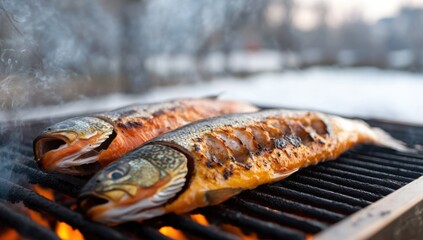 Whole fish grilling over a winter barbecue