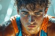 © AI by Derek - A dedicated young athlete, drenched in sweat, pushes through a challenging workout. Glimmering droplets cascade down his face, reflecting the vibrant light around him, showcasing his determination.
