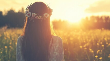 Wall Mural - A girl with a floral crown stands in a meadow, admiring the breathtaking sunset surrounded by blooming flowers and warm sunlight