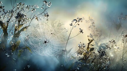 A spider web is in the middle of a field of flowers