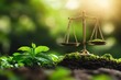 © At My Hat - Golden scales of justice amidst lush greenery. Illustrates balance, environmental law, or sustainable growth.