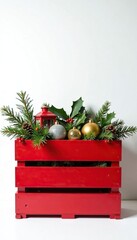 Wall Mural - White background with a large red wooden crate containing festive Christmas decorations, holly, lanterns, christmas decor