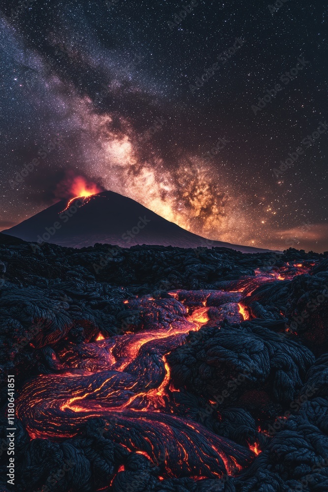 Volcanic Eruption Illuminates Milky Way Galaxy in Night Sky Landscape ...