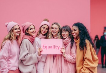 Diverse young women celebrating equality with joyful smiles in pink outfits