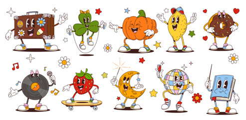 Poster - Retro cartoon groovy characters and comic funny emoji, vector funny funky personages. Groovy pumpkin and donut dessert with disco ball and strawberry hipster on skateboard and happy 70s vinyl disc
