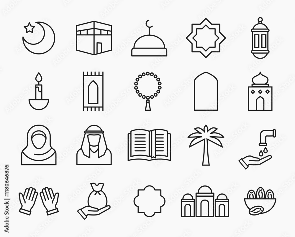 Ramadan icons set in black thin line. Collection of islamic elements in ...