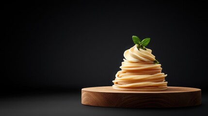 Wall Mural - A beautifully styled spaghetti mound topped with a fresh mint leaf, presented on a wooden board against a dark background.