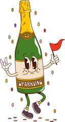 Aufkleber - Cartoon groovy sparkling wine bottle character. Champagne flask retro personage dancing with joyful expression, red flag and colorful confetti falling down exudes celebration and fun vibe during party