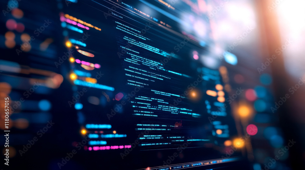 A close-up view of vibrant code on a screen, showcasing programming elements against a blurred, colorful background.