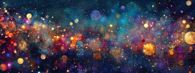 Sticker - A cosmic background with stars and galaxies, featuring vibrant colors like blue, purple, red, and gold, creating an enchanting atmosphere for design or digital art projects.