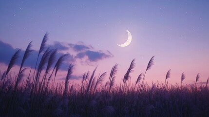 Wall Mural - serene twilight landscape with crescent moon over tall grass.