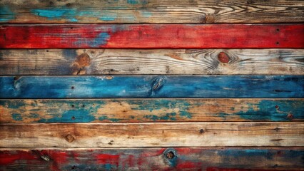 Wall Mural - Strikingly textured horizontal wood planks, showcasing a captivating array of weathered paint hues in shades of red, blue, and natural wood tones, offering a rustic and visually appealing backdrop.