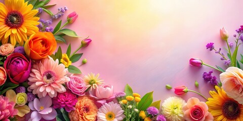 Wall Mural - Vibrant Floral Arrangement with a Delicate Pink Background, Featuring a Variety of Blossoms and Buds in a Corner Composition