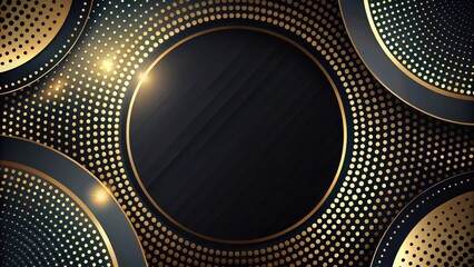 Wall Mural - abstract black and gold circular design with dotted pattern and glowing highlights
