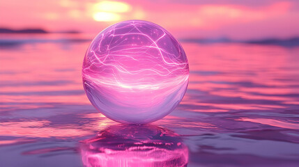pink sunset ocean beach glass sphere reflection energy.