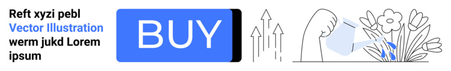 Blue BUY button, hand watering flowers, abstract growth arrows, and sample text. Ideal for e-commerce, gardening sites, online shops, call-to-action buttons, digital marketing, user interface design