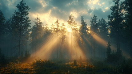 Wall Mural - Sunbeams pierce misty forest at sunrise. (1)