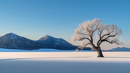 Wall Mural - Frosty tree on snowy landscape with mountains.