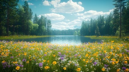 Wall Mural - Serene Meadow Framed by Towering Pine Trees with Blooming Wildflowers and Tranquil Lake in the Distance