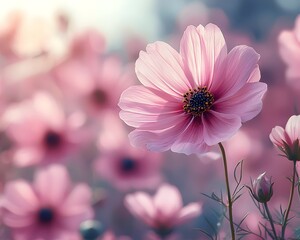 Wall Mural - Delicate Pink and White Cosmos Flowers Swaying Gently in Peaceful Meadow Under Sunny Sky