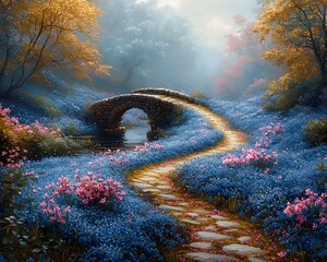 Wall Mural - Enchanting Stone Bridge Crossing a Mystical Floral Stream in a Vibrant Woodland Landscape