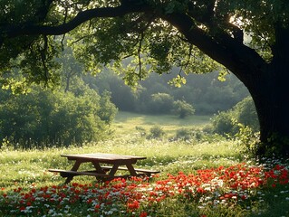 Wall Mural - Tranquil Meadow with Blooming Red Clovers and White Daisies under a Shady Tree with Wooden Picnic Table