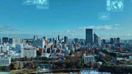 Poster - dx, digital, city, society, drone, aerial view, future, cyber, data, business, construction, design, bird eye view, blue sky, outlook, panorama, buildings, horizon, marketing, transformation, environm