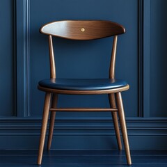 Canvas Print - Wooden chair, dark blue leather seat, dark wall.