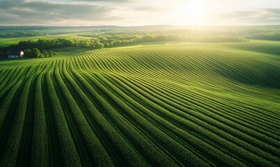 Wall Mural - Aerial view of rolling green fields at sunset; idyllic countryside landscape, perfect for agriculture or travel publications